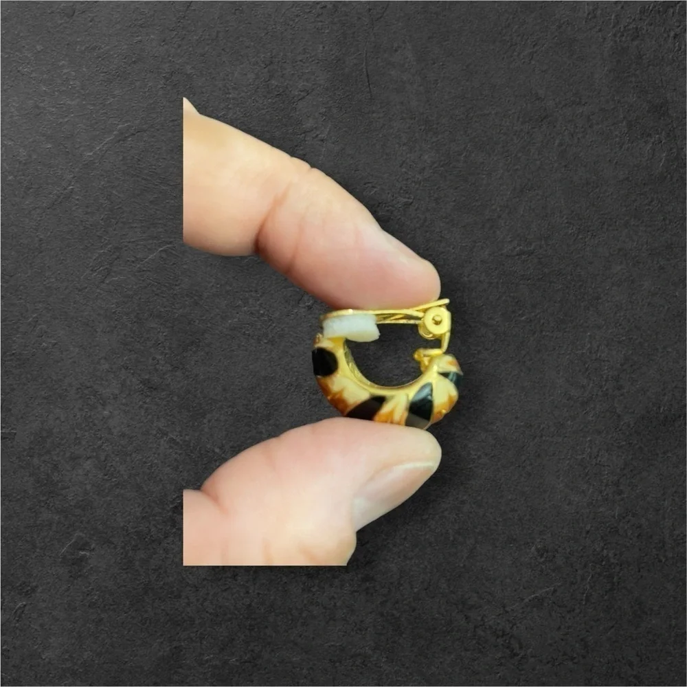 Kenneth Jay Lane Gold Tiger Stripe Half Hoop Enamel Clip Earrings